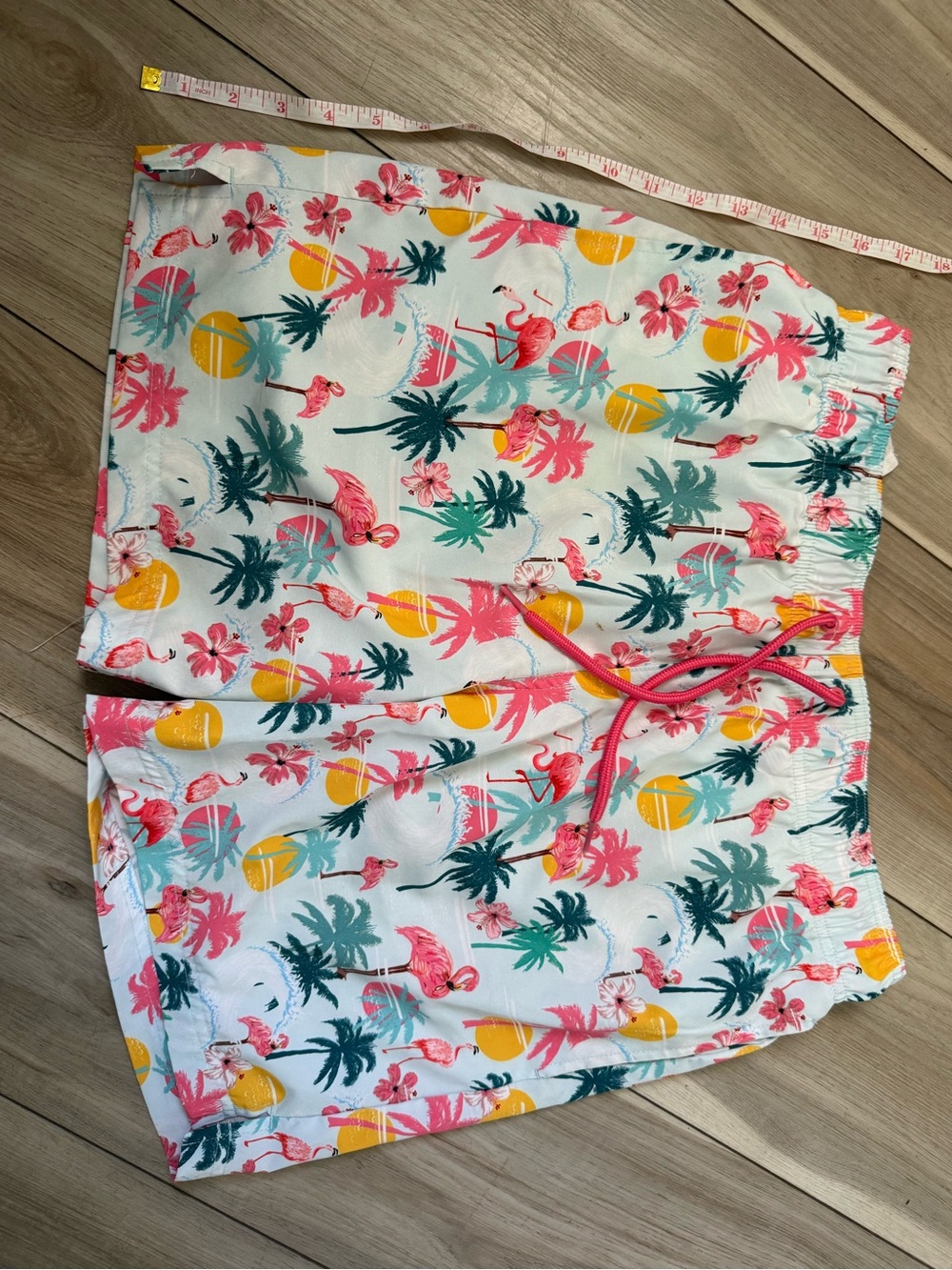 Tropical Flamingo Print Swim Trunks - White Base
